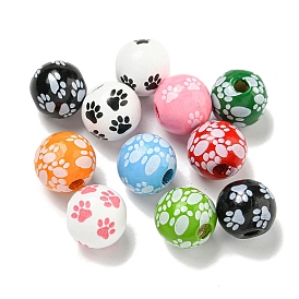 Printed Wood European Beads, Round with Paw Print Pattern