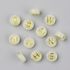 Luminous Acrylic Beads, Metal Enlaced, Horizontal Hole, Flat Round with Letter