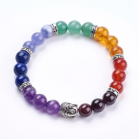 Chakra Natural Mixed Stone Stretch Bracelets, with Alloy Finding, Burlap Packing Pouches Drawstring Bags