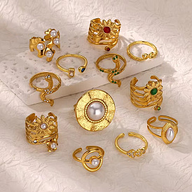 Anillos de puño de acero inoxidable con imitación de perla de estilo real retro
