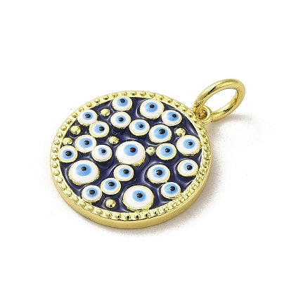 Brass Enamel Pendants, with Jump Ring, Real 18K Gold Plated, Flat Round with Evil Eye Charm