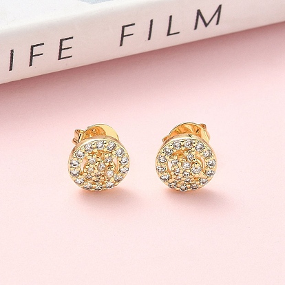 Круглые серьги-гвоздики из латуни с микропаве из прозрачных кубических цирконий, стойки покрытие, без кадмия и без свинца