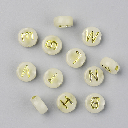 Luminous Acrylic Beads, Metal Enlaced, Horizontal Hole, Flat Round with Letter