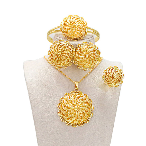 Комплект из ожерелья с подвеской из цветочного сплава, сережек-гвоздиков, кольца и браслетов-манжет