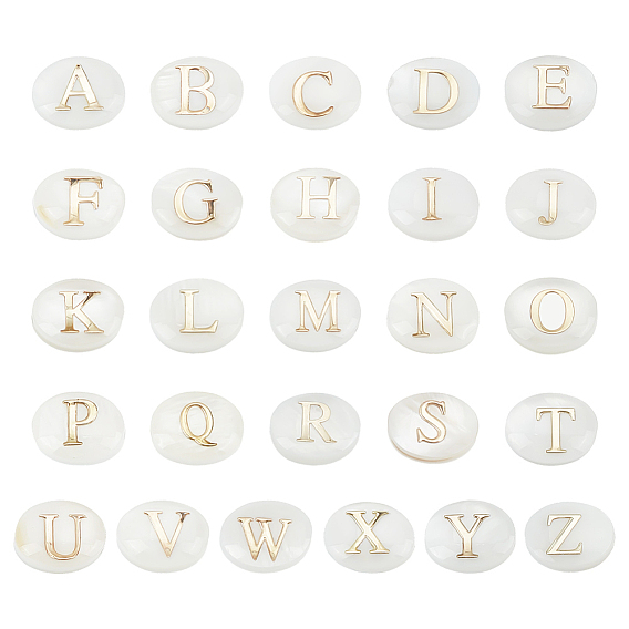 26 шт. 26 стили овальные бусины из натуральной белой ракушки, золотые эмалевые бусины с буквами
