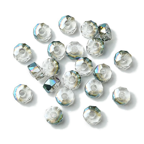 Прозрачный Electroplate стеклянные бусины, бусины с большим отверстием, с половиным покрытием, плоско-круглые