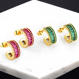 Geometric C-shaped Stud Earrings with Colorful Zircon Stones for Women