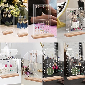 Arch/Heart/Rectangle/Flat Round/Twist/Hexagon Clear Acrylic Earring Jewelry Display Stands, Earring Organzier Holder with Wooden Base
