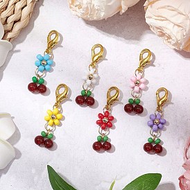 6Pcs 6 Colors Cherry Glass Seed & Natural Carnelian Beads Pendant Decorations, with Zinc Alloy Lobster Claw Clasps