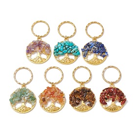 7Pcs 7 Styles Chakra Theme Tree of Life Alloy Gemstone Keychain, with Iron Split Key Rings