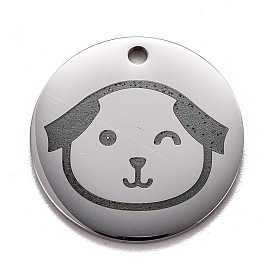 Pendentifs en acier inoxydable, polissage manuel, plat rond avec un chien