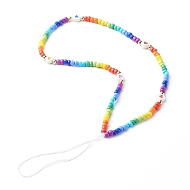 Glass Seed Beads Beaded Mobile Straps, with Brass Beads, Opaque Acrylic Beads and Braided Nylon Thread, Flat Round with Heart Pattern