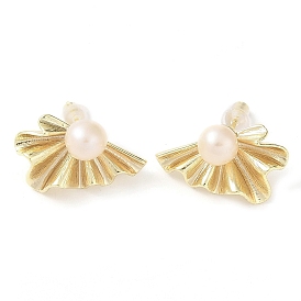 Leaf Natural Pearl Earrings, Brass Stud Earrings for Women