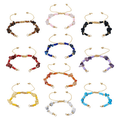 10 piezas 10 estilos de fabricación de pulseras trenzadas con cuentas de semillas de vidrio y chips de piedra mixta naturales y sintéticas, con 304 anillos de salto de acero inoxidable, mezclado teñido y sin teñir
