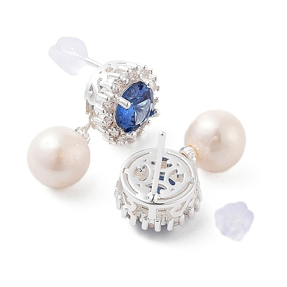 Boucles d'oreille en perles naturelles, avec des accessoires en verre en laiton et des épingles en argent sterling, ronde
