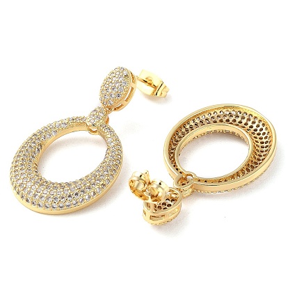Rack Plating Brass Micro Pave Cubic Zirconia Dangle Stud Earrings, Hollow Oval