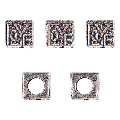 Alloy European Beads, Large Hole Beads, Cube with Word Love