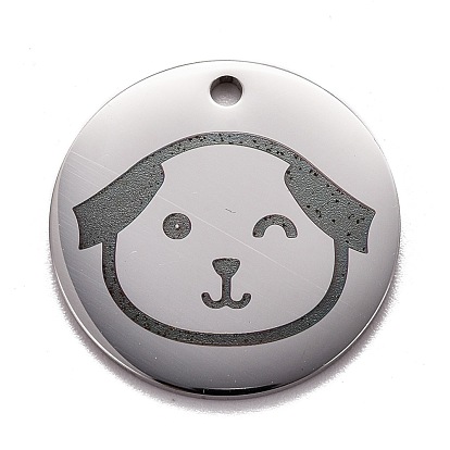 Pendentifs en acier inoxydable, polissage manuel, plat rond avec un chien