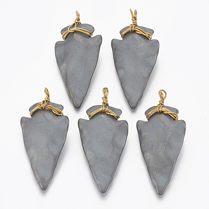 Non-magnetic Synthetic Hematite Pendants, with Golden Tone Brass Findings, Matte Style, Arrows