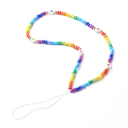 Glass Seed Beads Beaded Mobile Straps, with Brass Beads, Opaque Acrylic Beads and Braided Nylon Thread, Flat Round with Heart Pattern