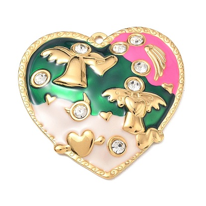 304 Stainless Steel Enamel Pendants, Heart with Angel Charms, with Rhinestone
