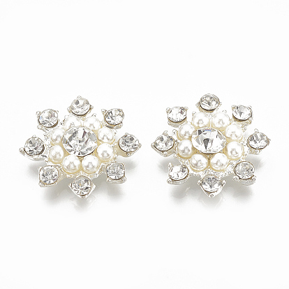 Сплавные плоские задние кабошоны, со стразами и пластиковой имитацией жемчуга, цветок, кристалл