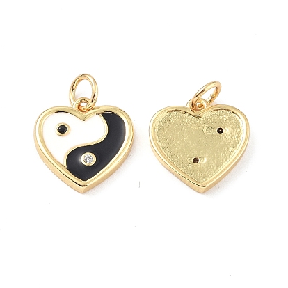 Brass Micro Pave Cubic Zirconia Pendants, with Enamel and Jump Ring, Heart with Yin Yang Charm