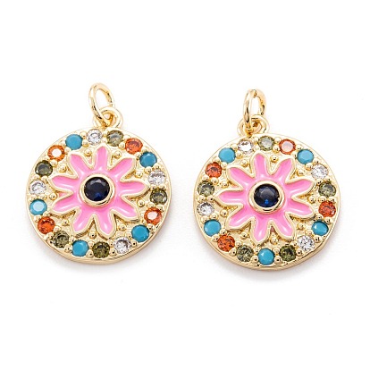 Real 18K Gold Plated Brass Micro Pave Cubic Zirconia Pendants, with Enamel and Jump Ring, Long-Lasting Plated, Flat Round with Flower
