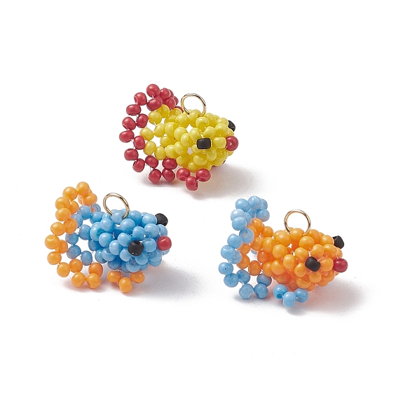 3Pcs 3 Colors Glass Seed Beaded Gold Fish Pendants, with 304 Stainless Steel Open Jump Rings Golden Loop