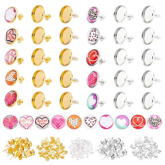 DIY Heart Pattern Stud Earring Making Kit, Including 202 Stainless Steel Earring Setting with 304 Stainless Steel Pin, Iron Stud Earring Setting & Ear Nut, Glass Cabochon, Plastic Ear Nut