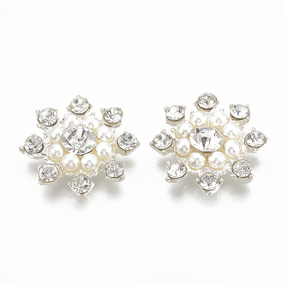 Сплавные плоские задние кабошоны, со стразами и пластиковой имитацией жемчуга, цветок, кристалл