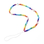 Glass Seed Beads Beaded Mobile Straps, with Brass Beads, Opaque Acrylic Beads and Braided Nylon Thread, Flat Round with Heart Pattern