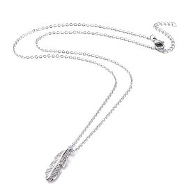 304 Stainless Steel Chain Necklaces, with Brass Micro Pave Cubic Zirconia Pendants, Feather