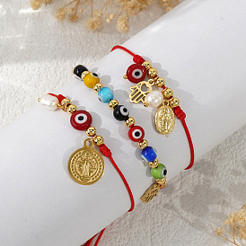 3 браслеты из латуни и 304 нержавеющей стали с подвесками в виде Девы Марии, Регулируемые браслеты из стеклянных бусин, символизирующих сглаз, для женщин.