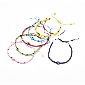 Adjustable Round Glass Seed Beaded Bracelet, with Resin Beads, Flat Round with Evil Eye