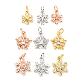 Rack Plating Brass Micro Pave Clear Cubic Zirconia Pendants, Long-Lasting Plated, with Jump Rings, Lead Free & Cadmium Free, Snowflake, For Christmas