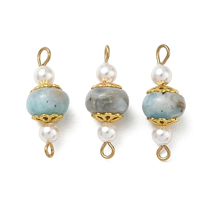 Dijes conectores de larimar natural y perlas de concha, enlaces de rondelas, con 304 pasadores de ojo de acero inoxidable y cuenta de tapa de latón