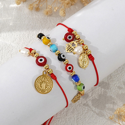 3 браслеты из латуни и 304 нержавеющей стали с подвесками в виде Девы Марии, Регулируемые браслеты из стеклянных бусин, символизирующих сглаз, для женщин.