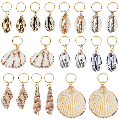 20 pièces 10 styles perles dreadlocks, forme coquille, clips de décoration de pendentifs de cheveux de tressage, avec des anneaux de saut de fer