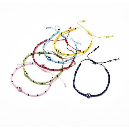 Adjustable Round Glass Seed Beaded Bracelet, with Resin Beads, Flat Round with Evil Eye
