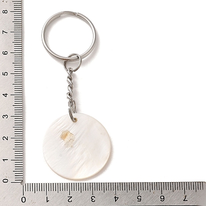 304 Stainless Steel Keychains, with Shell Pendants, Flat Round