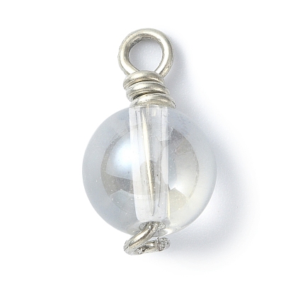 Pendentifs en verre plaquent, avec boucles en fil de cuivre platine, charmes à billes rondes