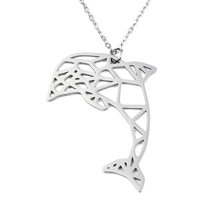 201 Stainless Steel Dolphin Pendant Necklaces, with Cable Chains