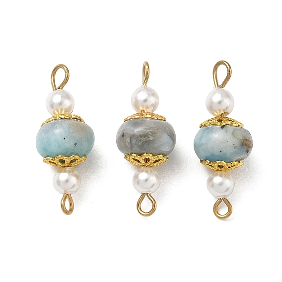 Natural Larimar & Shell Pearl Connector Charms, Rondelle Links, with 304 Stainless Steel Eye Pins & Brass Cap Bead