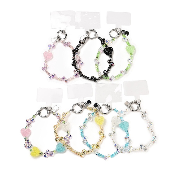 Ремешки для мобильных устройств из стеклянных и железных бусин, с нашивкой для шнурка для мобильного телефона, сердце