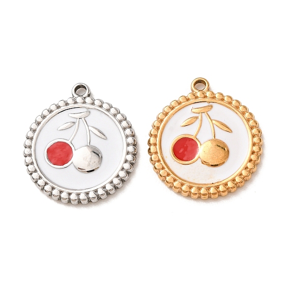 304 Stainless Steel Enamel Pendants, Flat Round with Cherry Pattern Charms