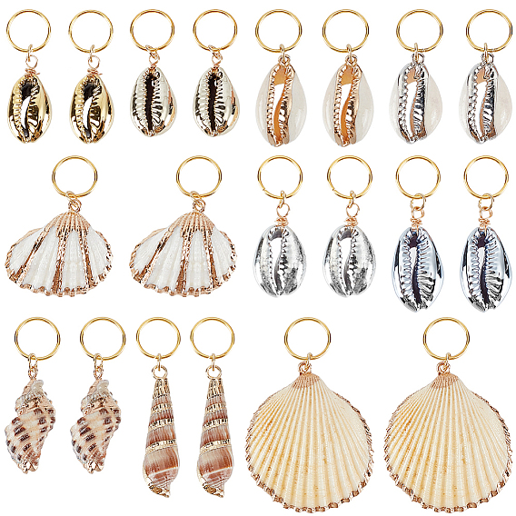 20 pièces 10 styles perles dreadlocks, forme coquille, clips de décoration de pendentifs de cheveux de tressage, avec des anneaux de saut de fer