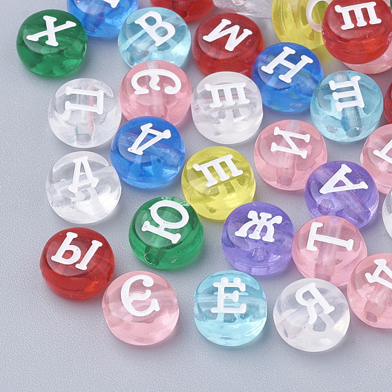 Transparente Acryl Perlen, flache Runde mit russischem Alphabet