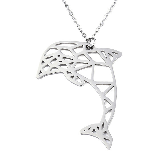 201 Stainless Steel Dolphin Pendant Necklaces, with Cable Chains