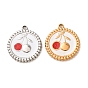 304 Stainless Steel Enamel Pendants, Flat Round with Cherry Pattern Charms